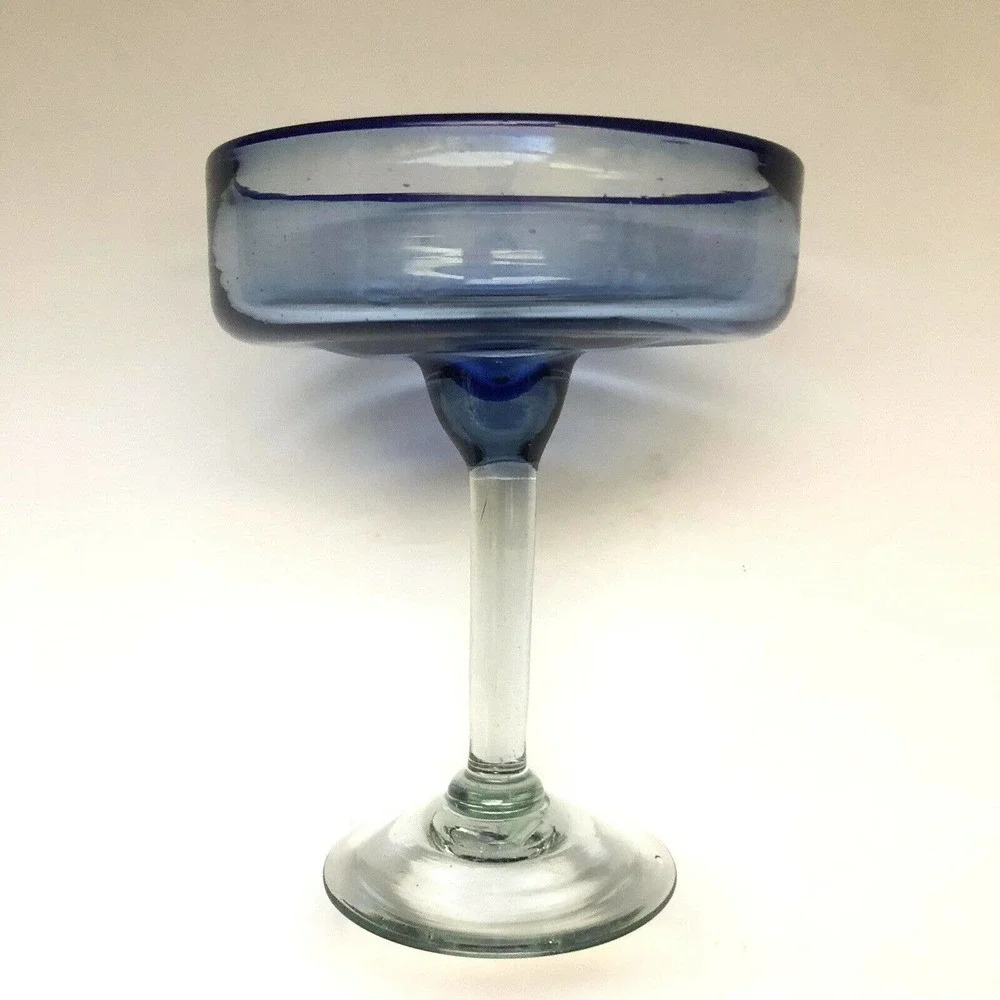 Mexican Hand Blown Art Glass Dessert Margarita Cobalt Blue Edge Rim Design